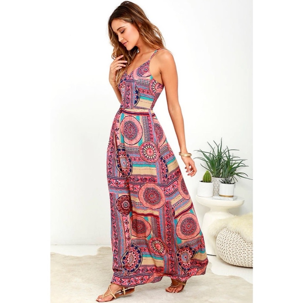 Lulu’s Sunrise to Sunset Coral Pink Print Maxi Boho Festival Dress Womens S